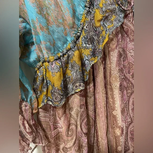Zimmerman Realm Plunge Draw Bohemian Paisley Silk Ruffle High Low Dress Large